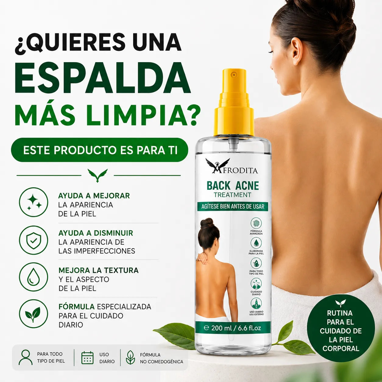 Spray cuidado corporal para piel con tendencia al acné